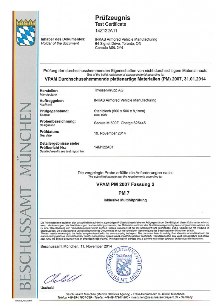 INKAS VPAM steel certificate