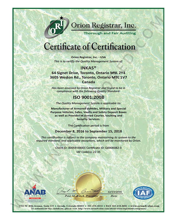 inkas iso certificate